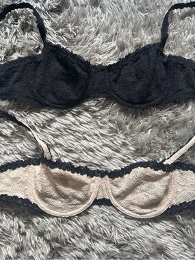 Set of 2! Aerie Show Off Vintage Lace Unlined Balconette Bra 34C black cream
